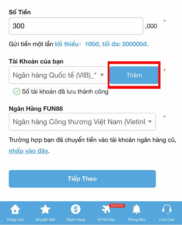 Gửi tiền vào Fun88 bằng internet banking